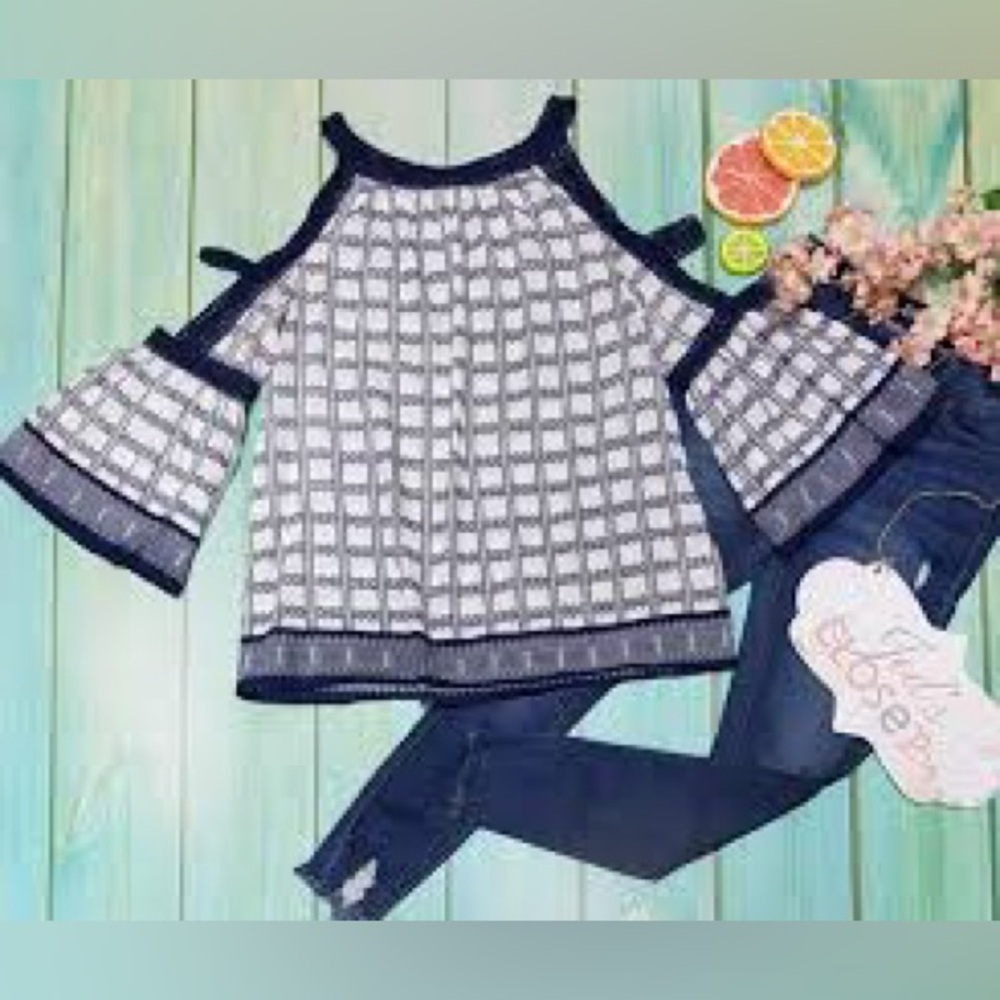 Sophie Max 100% cotton navy white flowy bell sleeve blouse XS